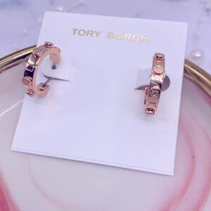 NWOT  Tory Burch Rose Gold Small Raised Logo Hoop Earrings